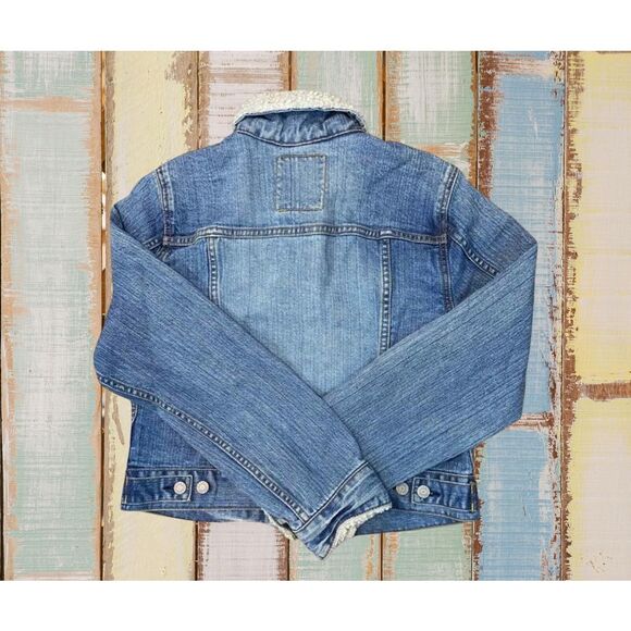 Old Navy Womens Denim Jean Trucker Jacket Size L Y2K Retro 2006 Sherpa Cropped - Picture 2 of 7